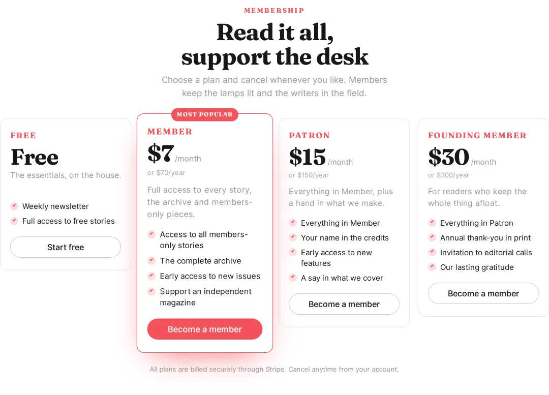 Página de precios de Xpresiva con cuatro planes (Free, Member, Patron y Founding Member)